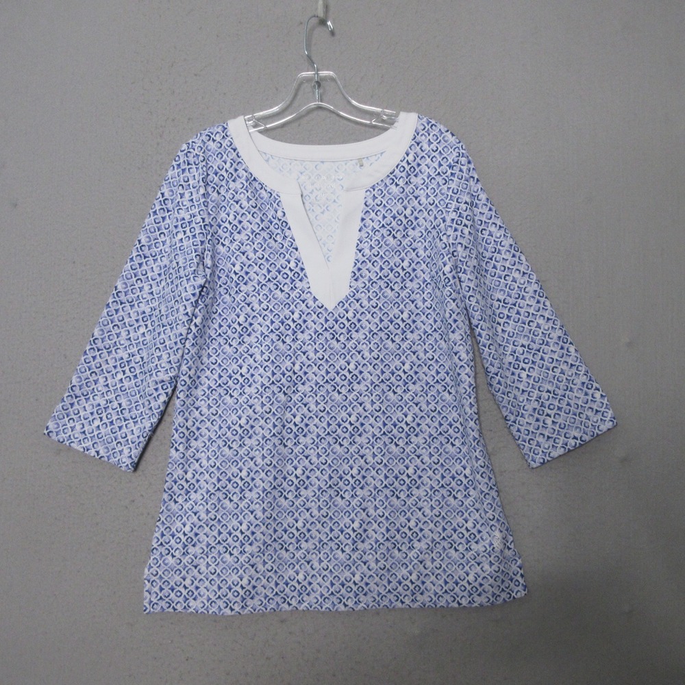 Tommy Bahama Top Tunic Island Zone Blue White Pineapple Logo Resort Coastal